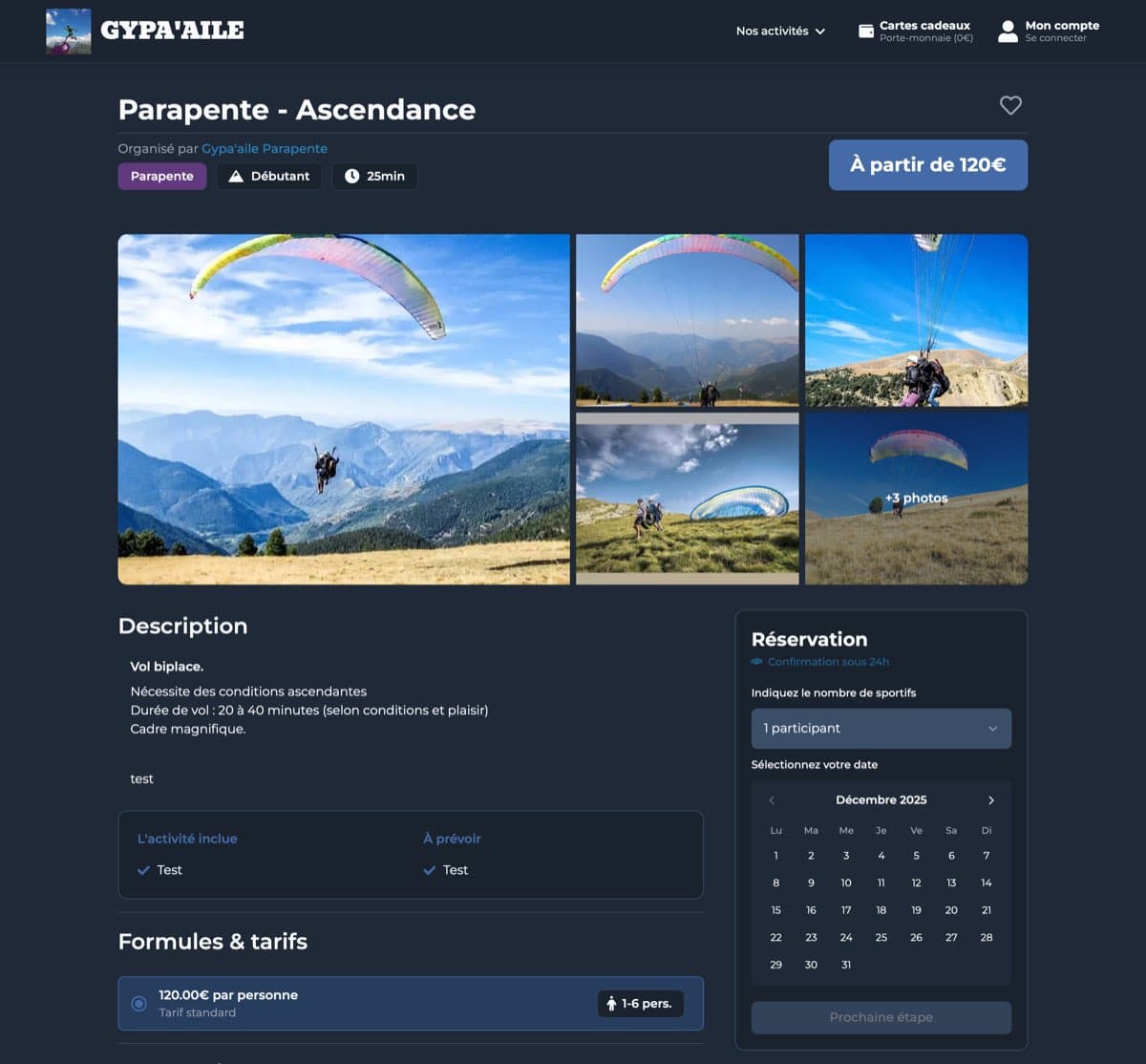 Page activité avec réservation
